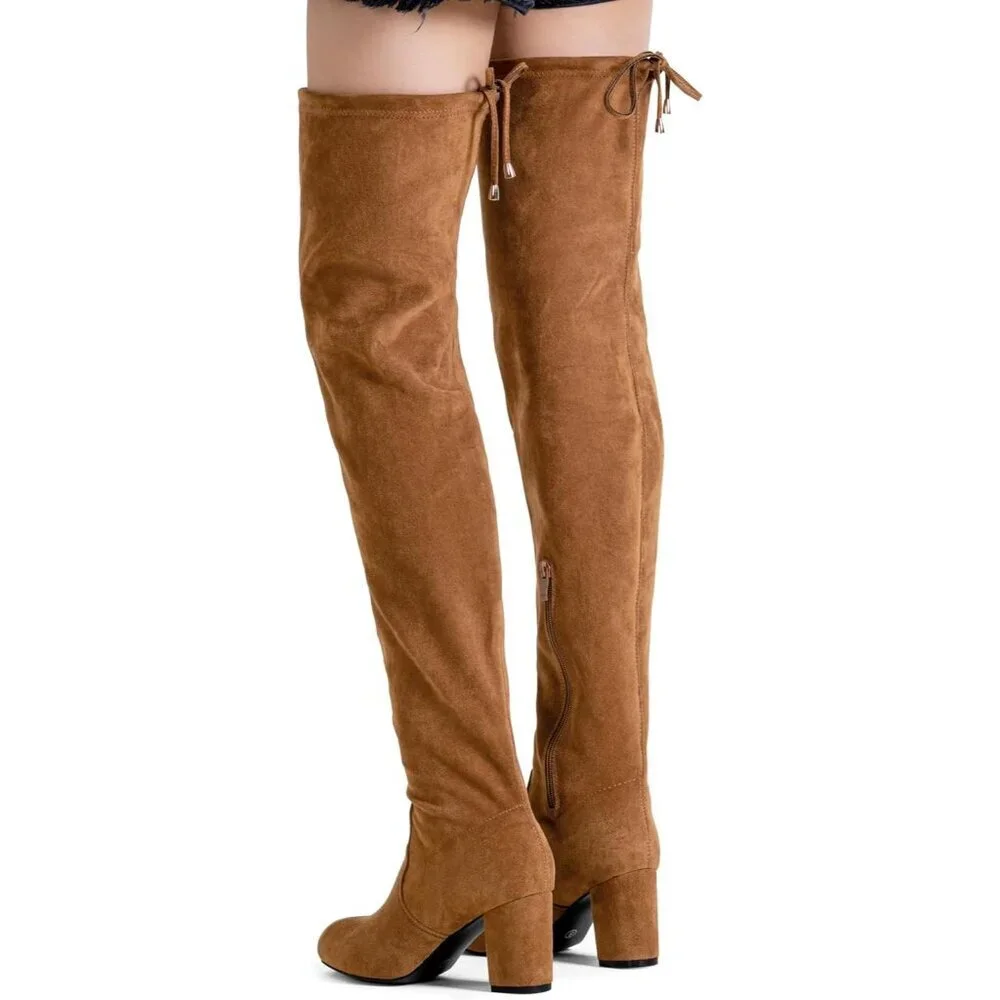 Women's Camel Suede Inner Zipper Thigh High Over The Knee High Heel Boots